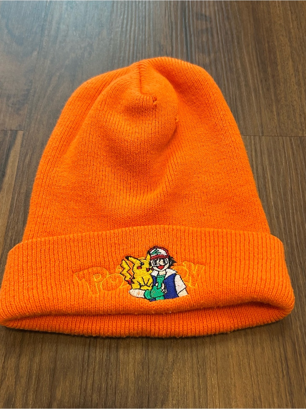 Vintage made in USA Orange Knit Pokémon Beanie with Embroidered Pikachu and ash